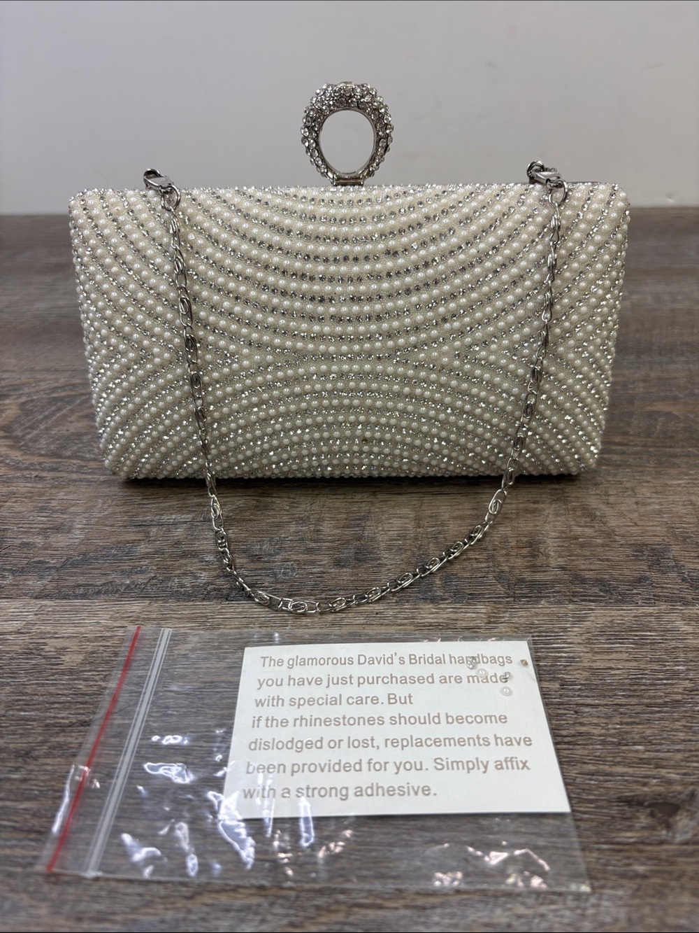 David’s Bridal Pearl & Crystal Evening Clutch Bag with Rhinestone Ring Clasp
